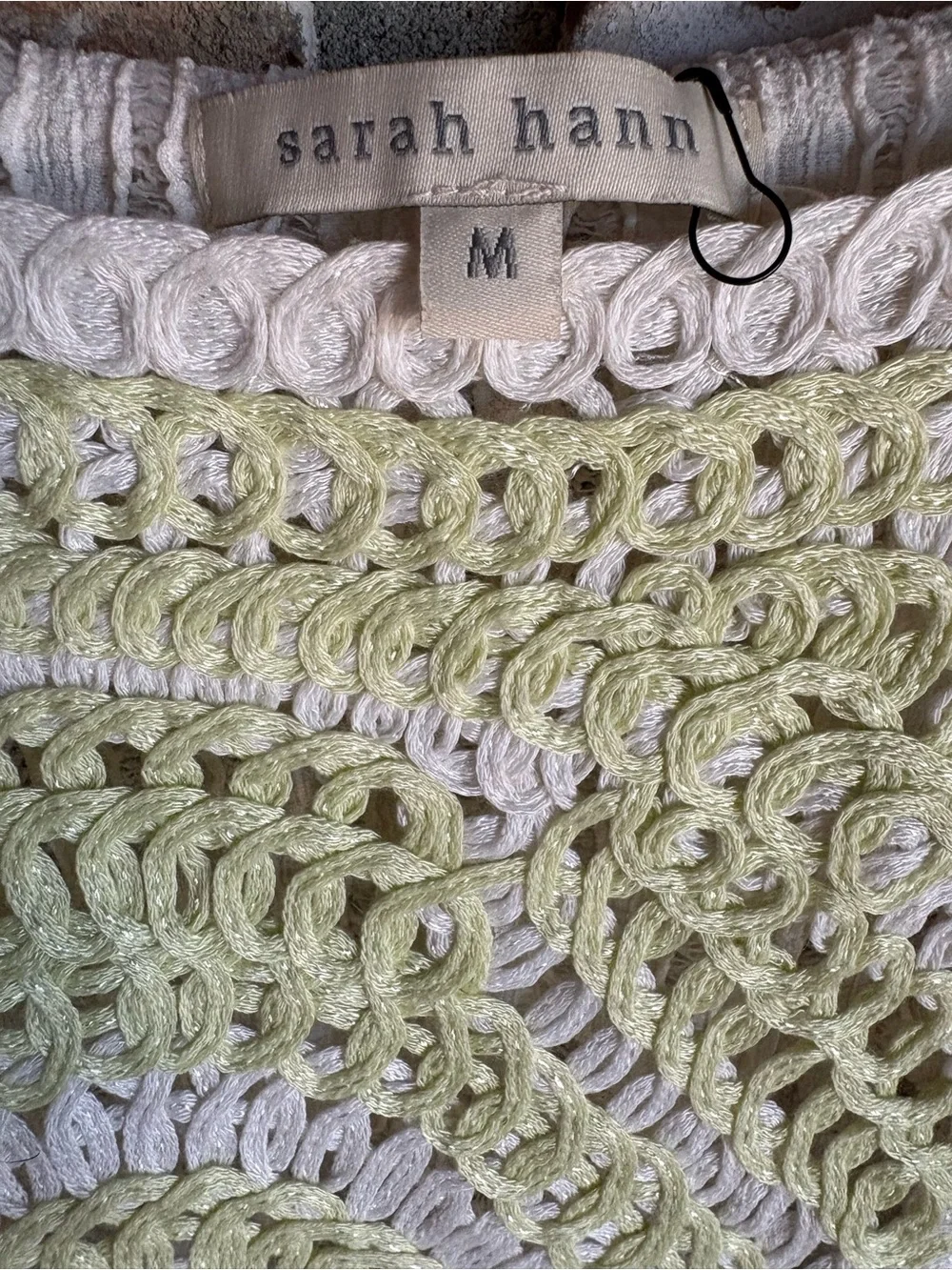 Anthropologie Cream Knit Peplum Top with Lime Crochet Yoke